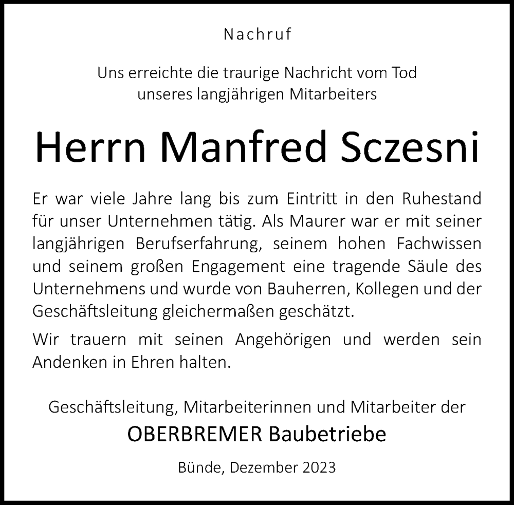  Traueranzeige für Manfred Sczesni vom 01.12.2023 aus Neue Westfälische