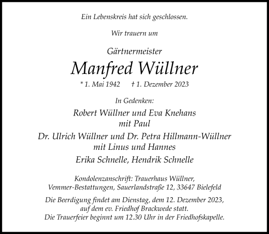 Traueranzeige von Manfred Wüllner von Neue Westfälische