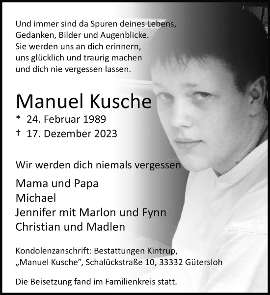 Traueranzeige von Manuel Kusche von Neue Westfälische