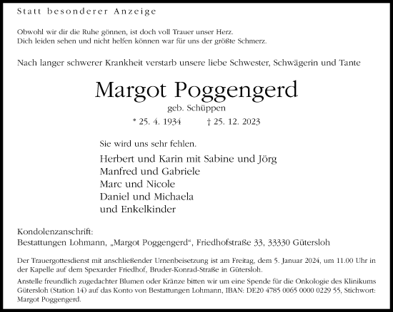 Traueranzeige von Margot Poggengerd von Neue Westfälische