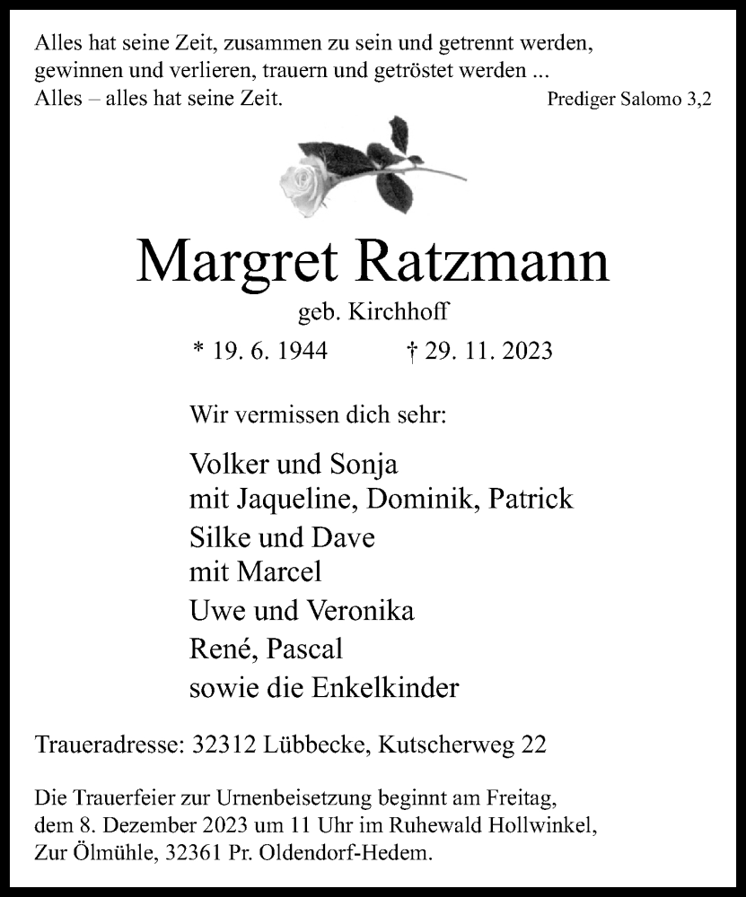  Traueranzeige für Margret Ratzmann vom 02.12.2023 aus Neue Westfälische