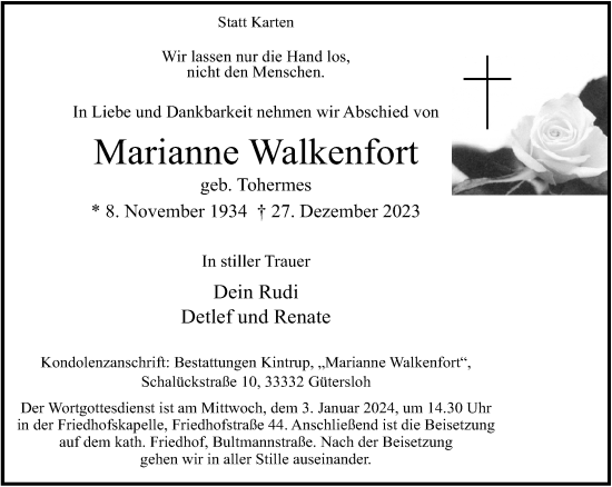 Traueranzeige von Marianne Walkenfort von Neue Westfälische