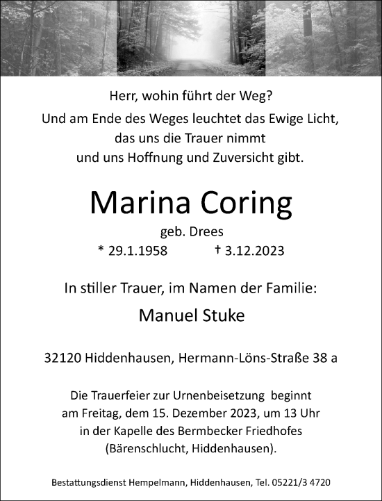 Traueranzeige von Marina Coring von Neue Westfälische