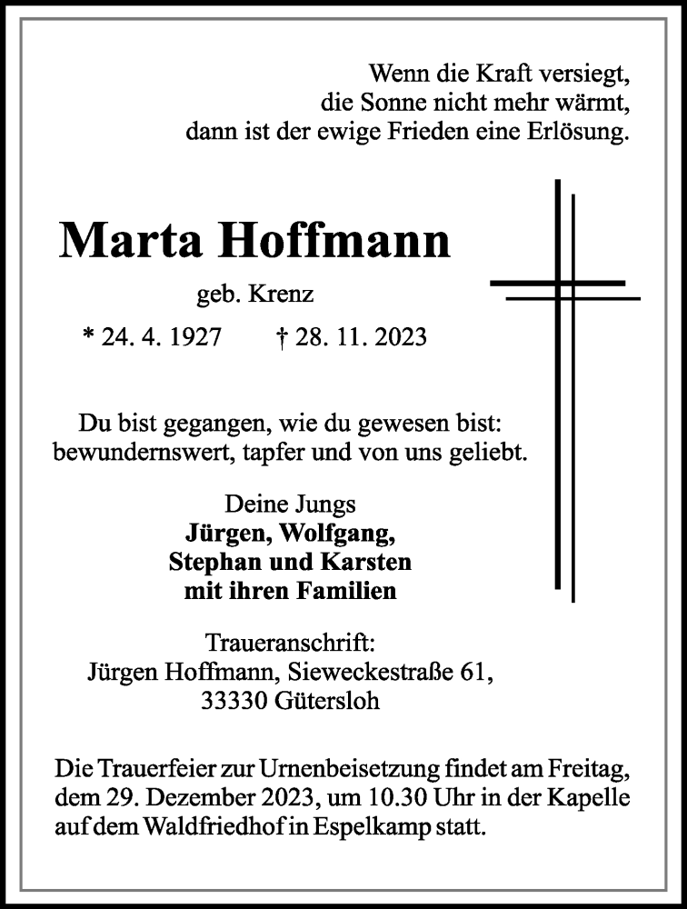  Traueranzeige für Marta Hoffmann vom 02.12.2023 aus Neue Westfälische