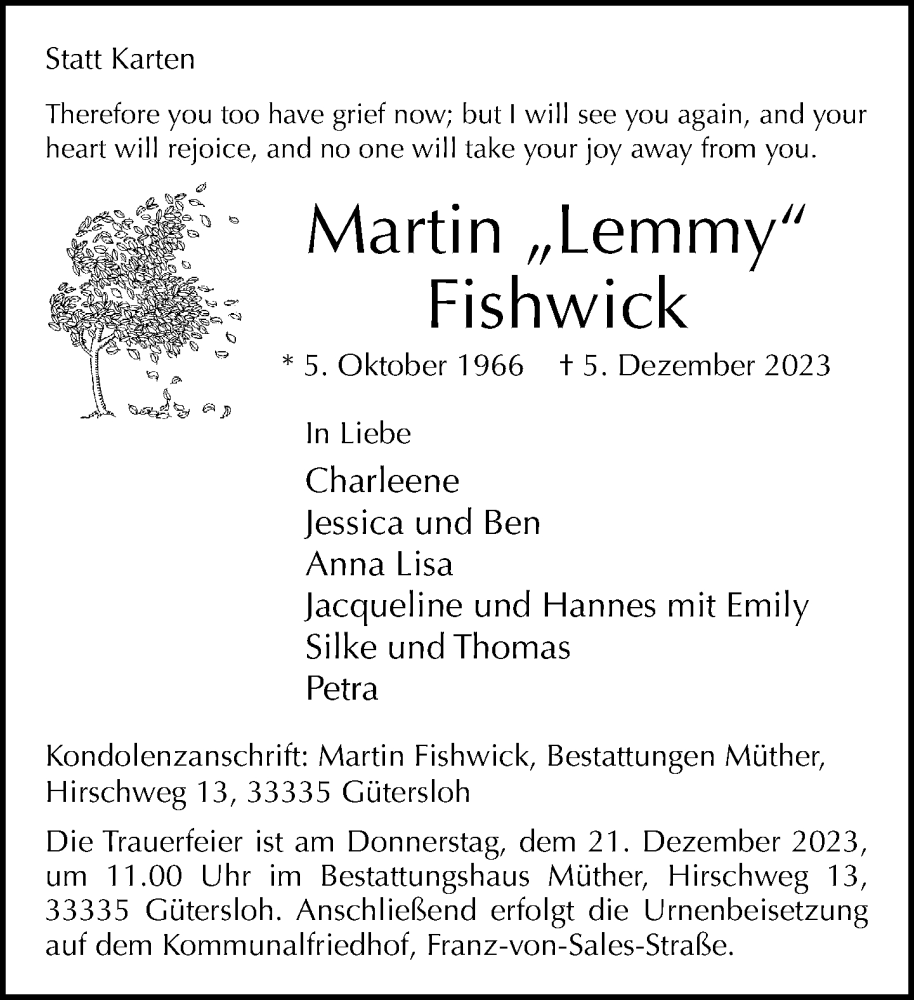  Traueranzeige für Martin Fishwick vom 16.12.2023 aus Neue Westfälische