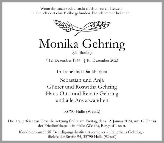 Traueranzeige von Monika Gehring von Neue Westfälische