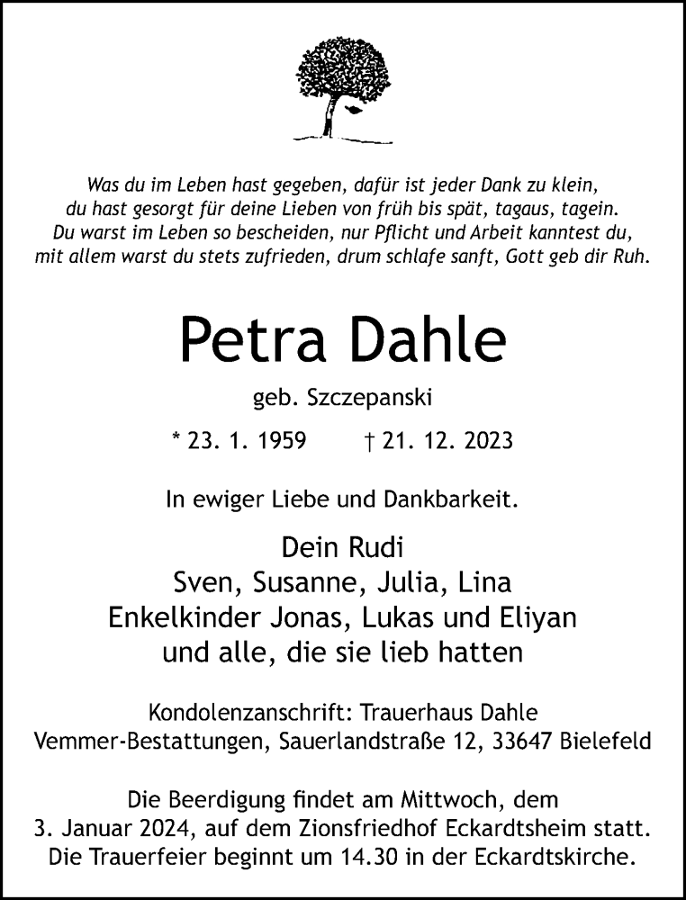  Traueranzeige für Petra Dahle vom 23.12.2023 aus Neue Westfälische