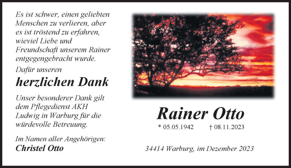  Traueranzeige für Rainer Otto vom 16.12.2023 aus Neue Westfälische