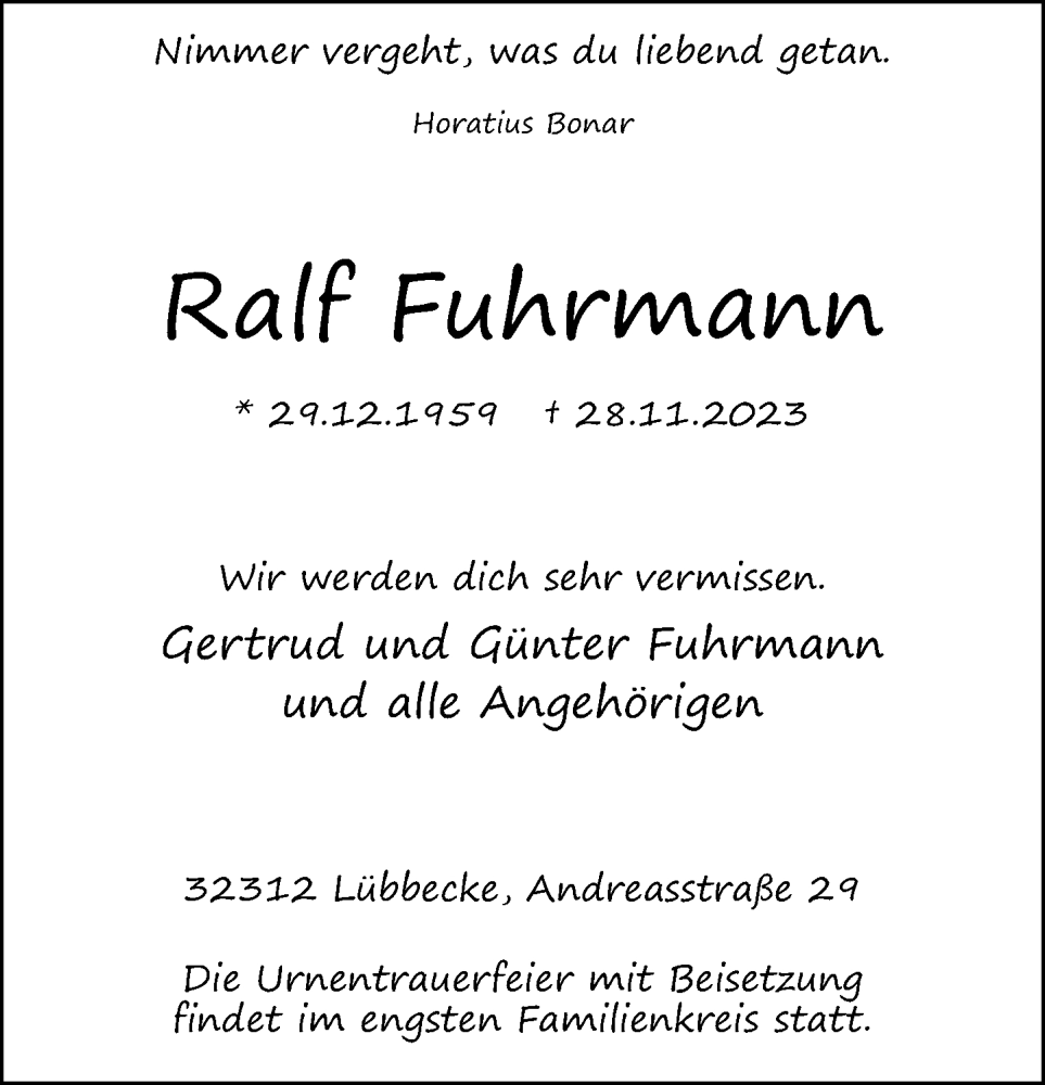  Traueranzeige für Ralf Fuhrmann vom 02.12.2023 aus Neue Westfälische