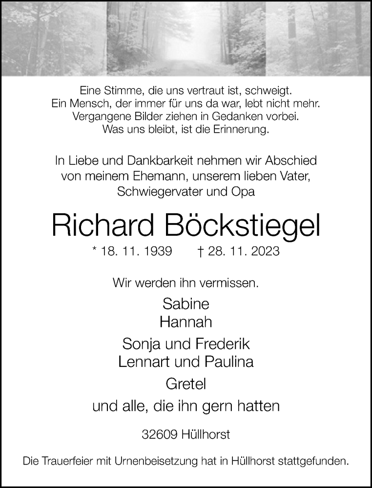  Traueranzeige für Richard Böckstiegel vom 09.12.2023 aus Neue Westfälische