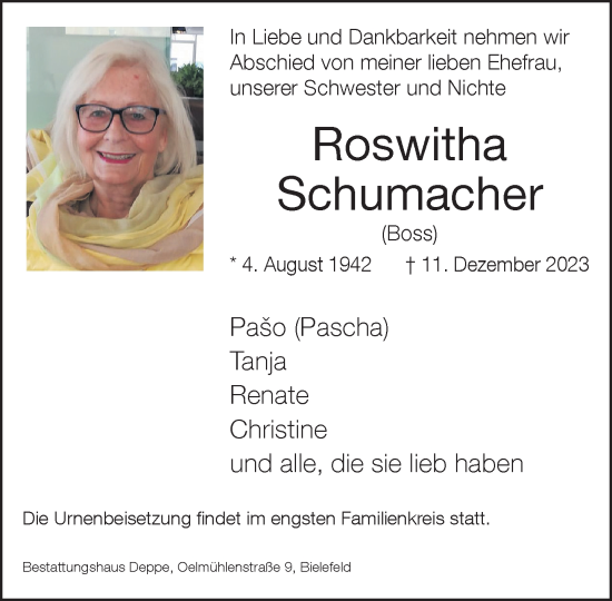 Traueranzeige von Roswitha Schumacher von Neue Westfälische