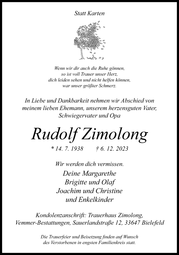  Traueranzeige für Rudolf Zimolong vom 09.12.2023 aus Neue Westfälische