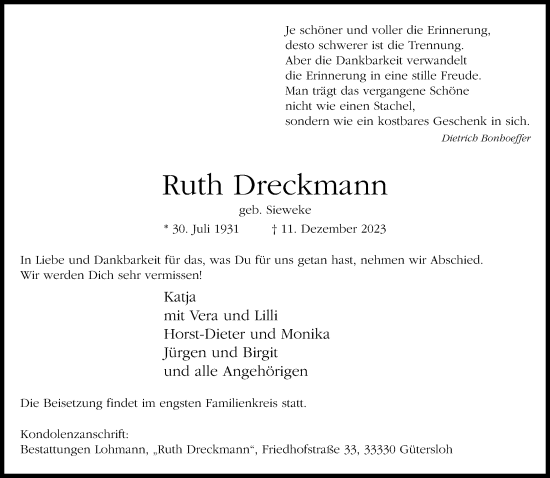 Traueranzeige von Ruth Dreckmann