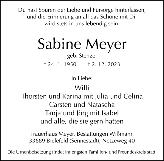Traueranzeige von Sabine Meyer von Neue Westfälische