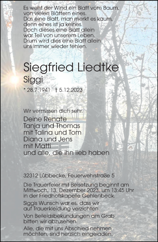  Traueranzeige für Siegfried Liedtke vom 09.12.2023 aus Neue Westfälische