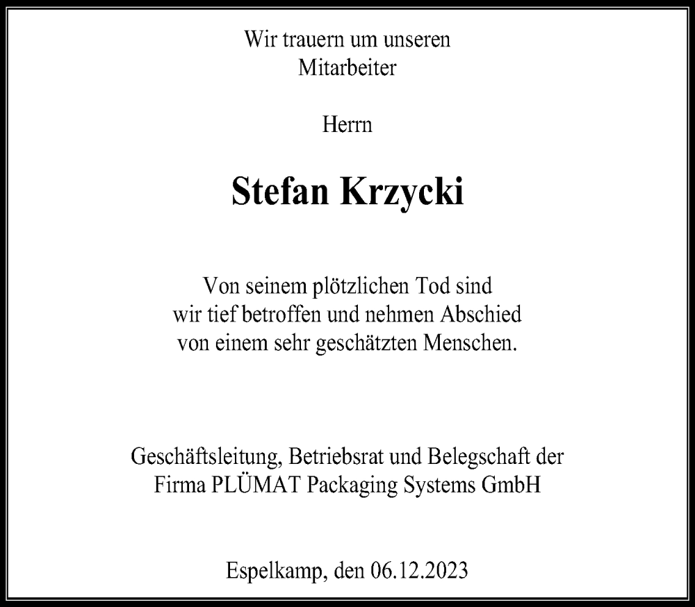  Traueranzeige für Stefan Krzycki vom 06.12.2023 aus Neue Westfälische