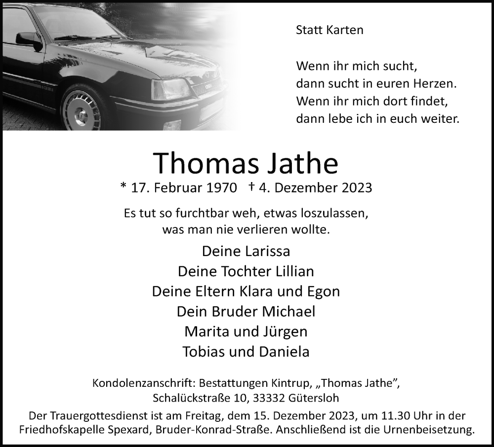  Traueranzeige für Thomas Jathe vom 09.12.2023 aus Neue Westfälische