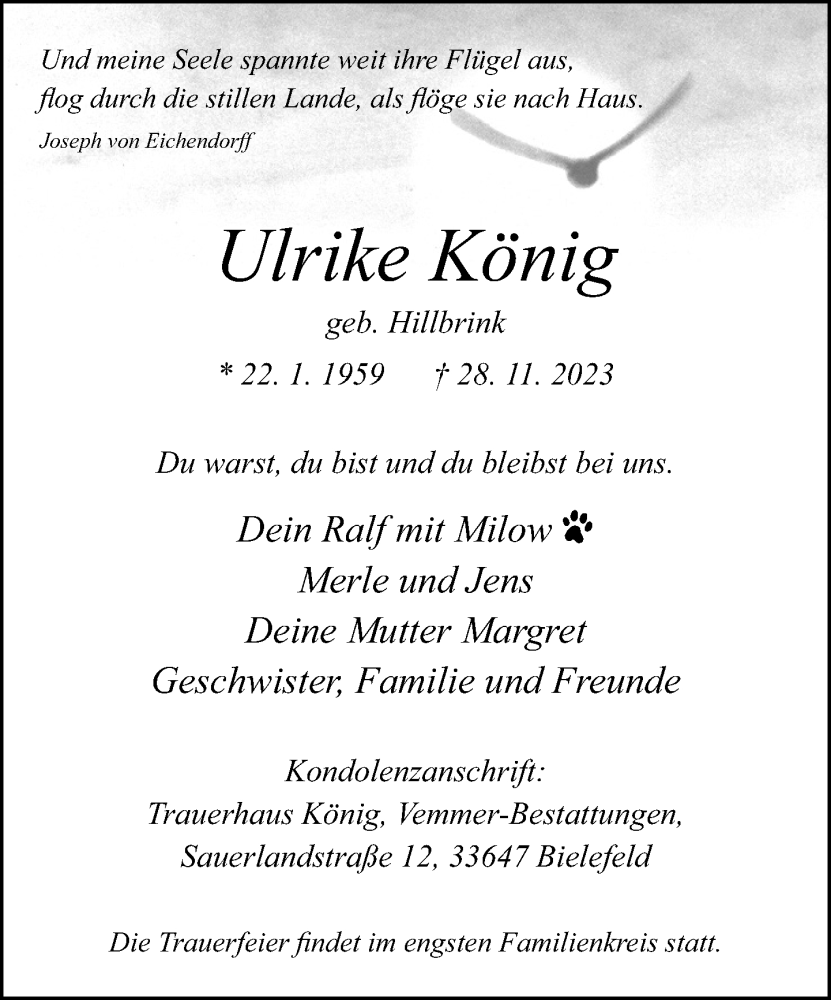  Traueranzeige für Ulrike König vom 02.12.2023 aus Neue Westfälische