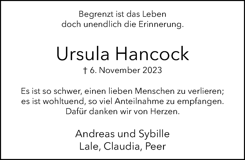  Traueranzeige für Ursula Hancock vom 23.12.2023 aus Neue Westfälische