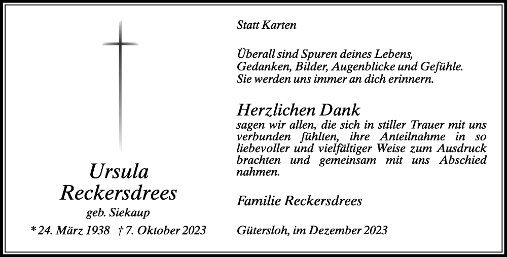  Traueranzeige für Ursula Reckersdrees vom 16.12.2023 aus Neue Westfälische