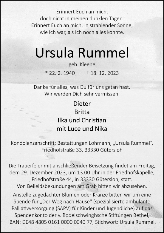 Traueranzeige von Ursula Rummel von Neue Westfälische