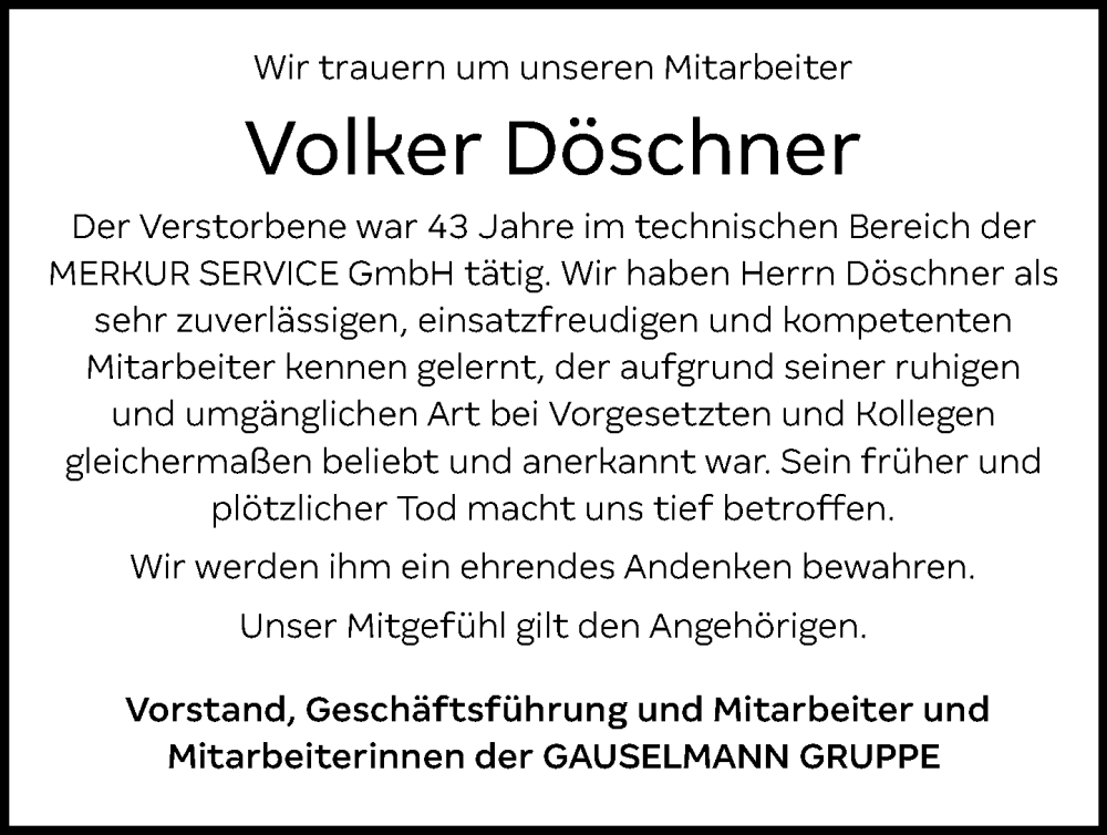 Traueranzeige für Volker Döschner vom 06.12.2023 aus Neue Westfälische