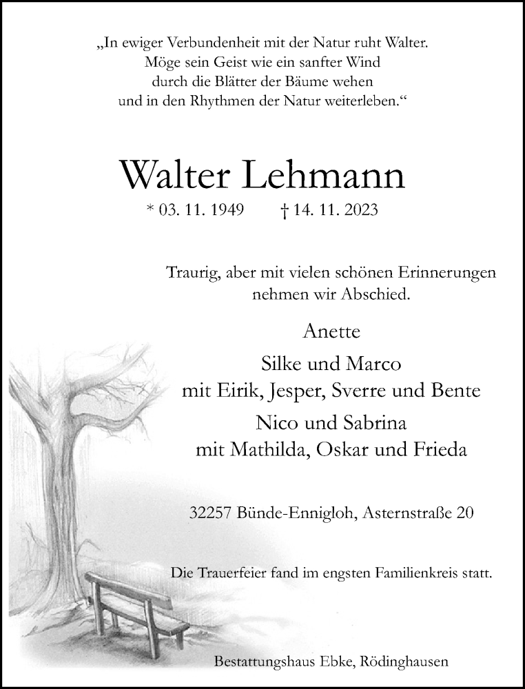  Traueranzeige für Walter Lehmann vom 02.12.2023 aus Neue Westfälische