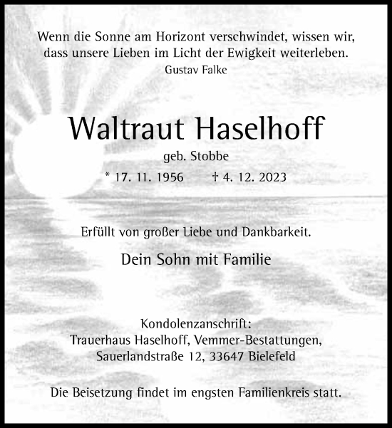 Traueranzeige von Waltraut Haselhoff von Neue Westfälische