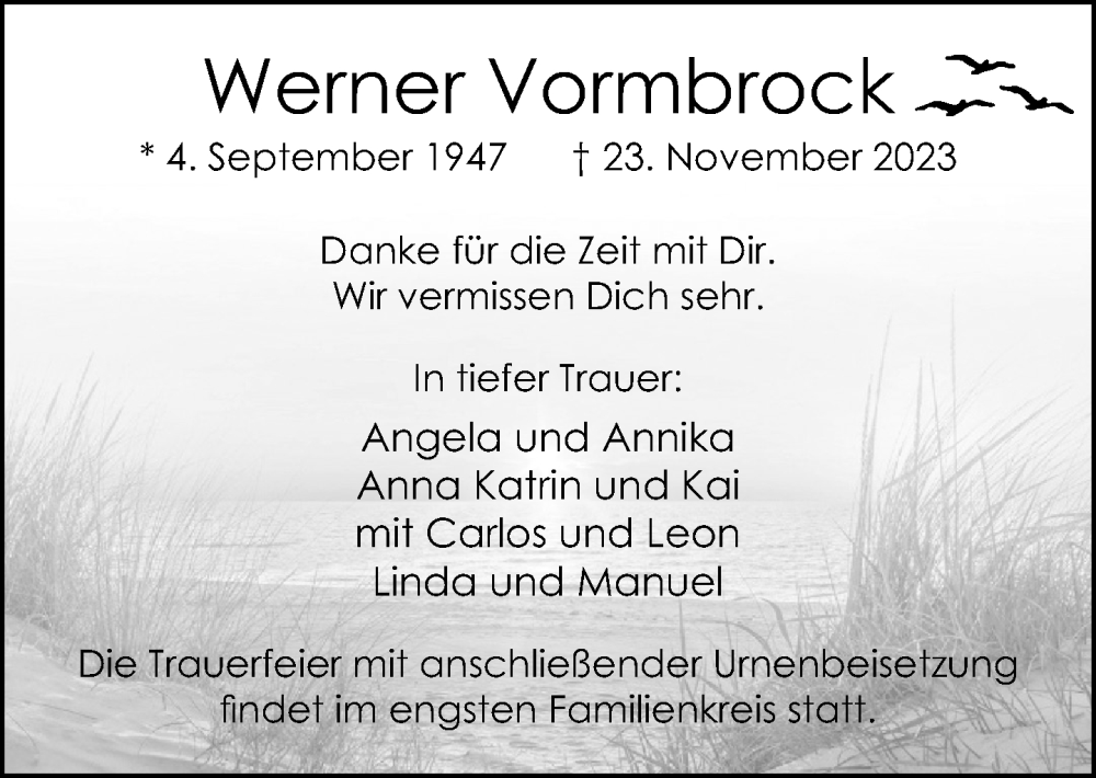  Traueranzeige für Werner Vormbrock vom 02.12.2023 aus Neue Westfälische