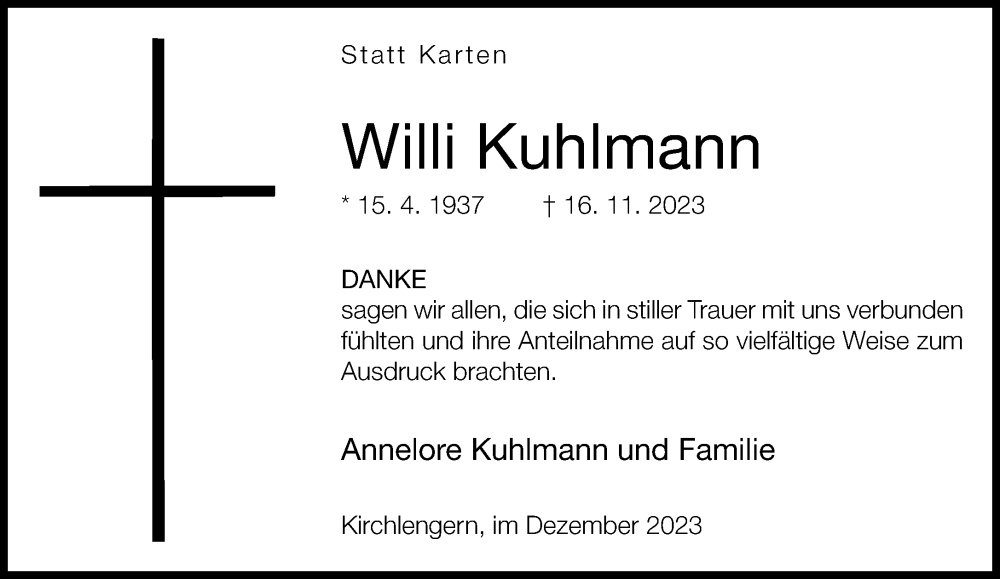 Traueranzeige für Willi Kuhlmann vom 16.12.2023 aus Neue Westfälische