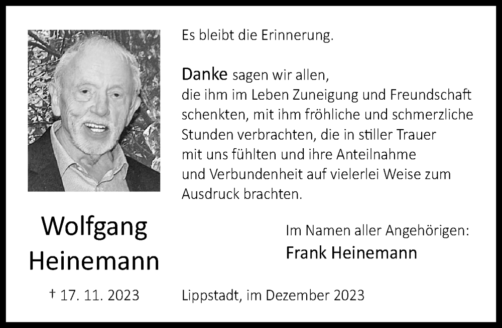  Traueranzeige für Wolfgang Heinemann vom 09.12.2023 aus Neue Westfälische