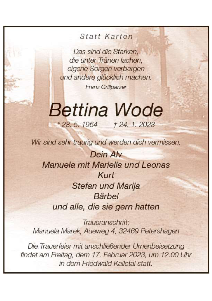  Traueranzeige für Bettina Wode vom 11.02.2023 aus Neue Westfälische
