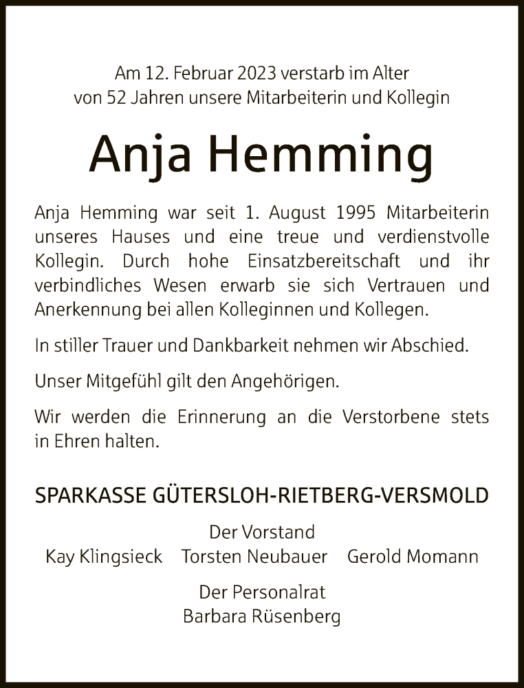  Traueranzeige für Anja Hemming vom 23.02.2023 aus Neue Westfälische