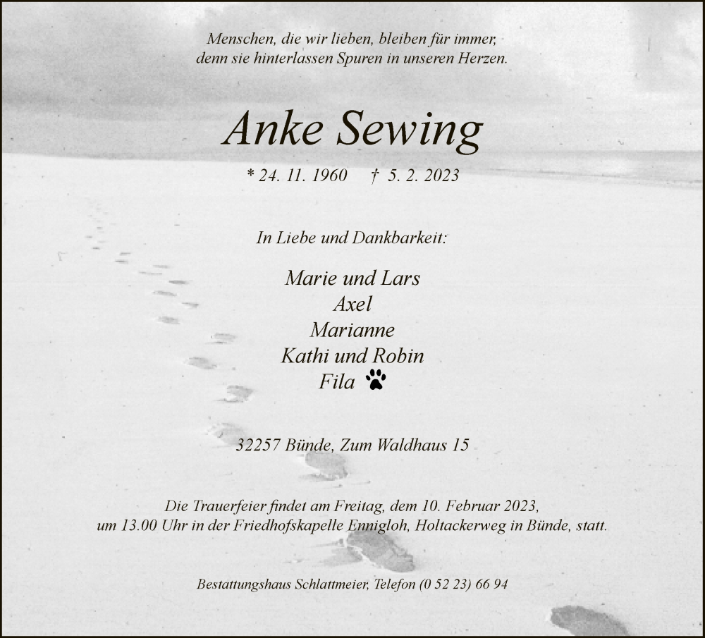  Traueranzeige für Anke Sewing vom 08.02.2023 aus Neue Westfälische