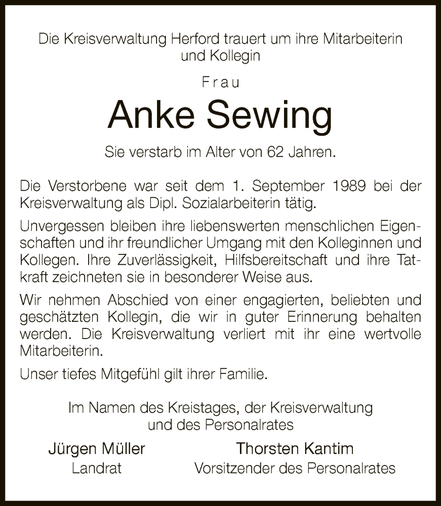  Traueranzeige für Anke Sewing vom 11.02.2023 aus Neue Westfälische
