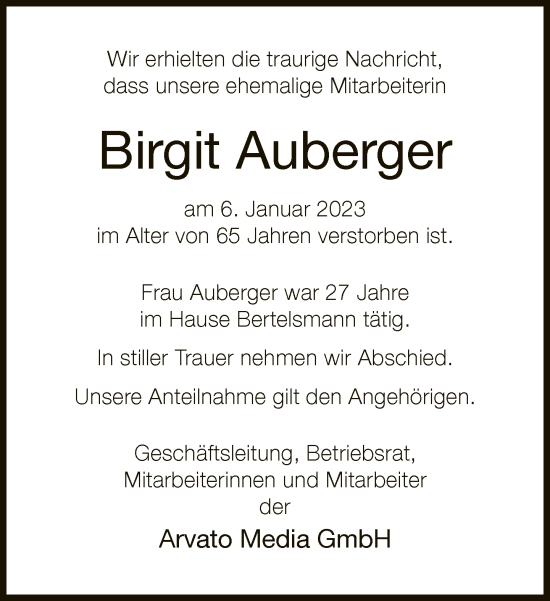 Traueranzeige von Birgit Auberger von Neue Westfälische