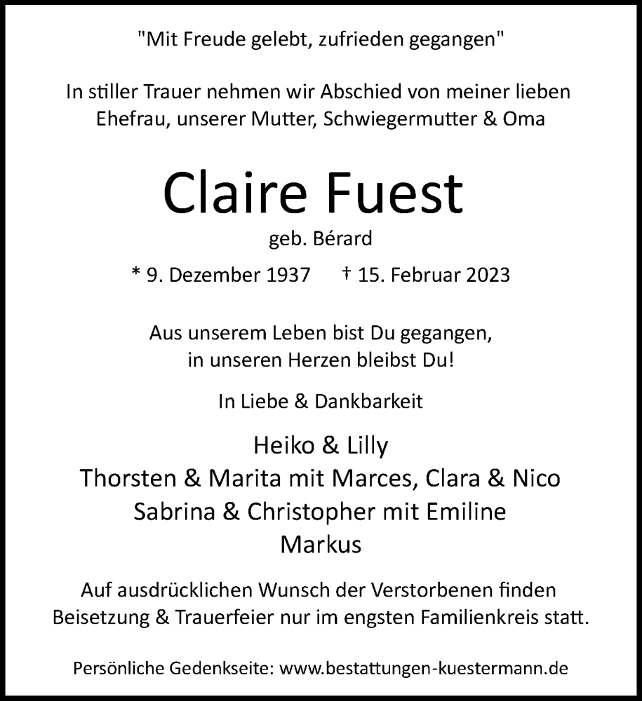  Traueranzeige für Claire Fuest vom 18.02.2023 aus Neue Westfälische