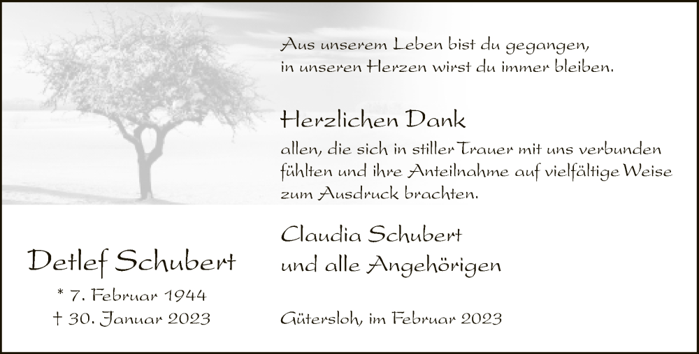  Traueranzeige für Detlef Schubert vom 25.02.2023 aus Neue Westfälische