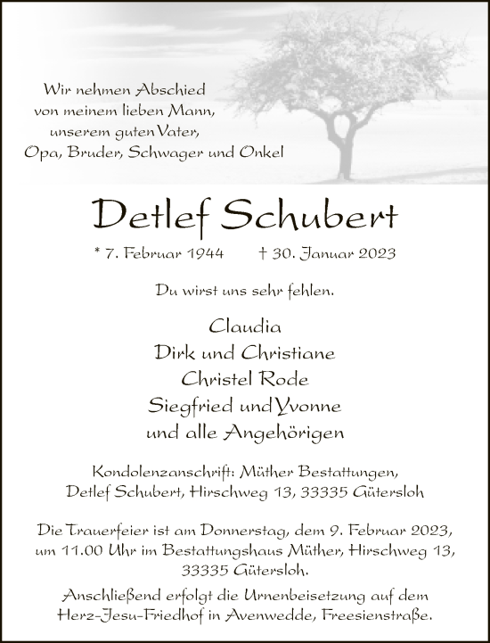 Traueranzeige von Detlef Schubert von Neue Westfälische