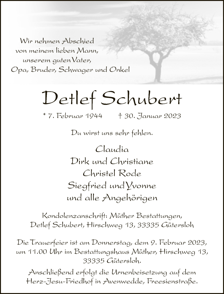  Traueranzeige für Detlef Schubert vom 04.02.2023 aus Neue Westfälische