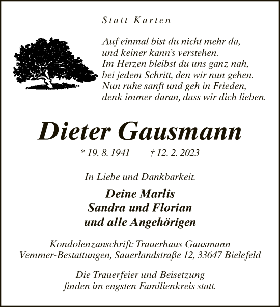 Traueranzeige von Dieter Gausmann von Neue Westfälische