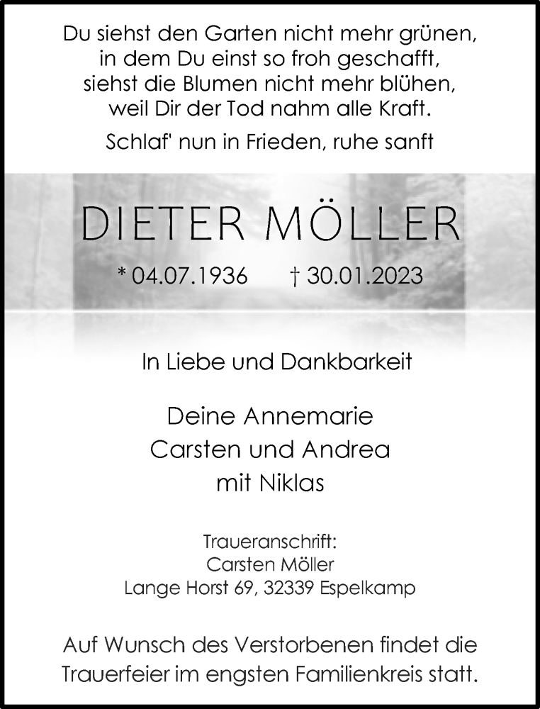  Traueranzeige für Dieter Möller vom 03.02.2023 aus Neue Westfälische