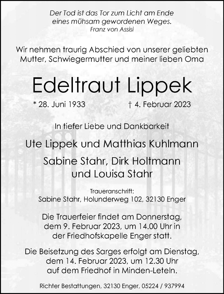  Traueranzeige für Edeltraut Lippek vom 07.02.2023 aus Neue Westfälische
