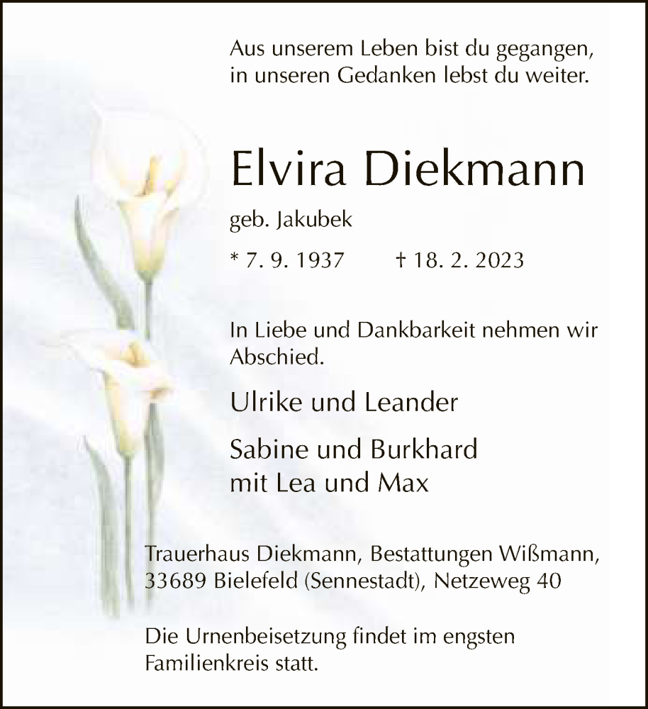  Traueranzeige für Elvira Diekmann vom 25.02.2023 aus Neue Westfälische