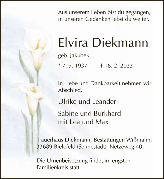 Traueranzeige von Elvira Diekmann von Neue Westfälische