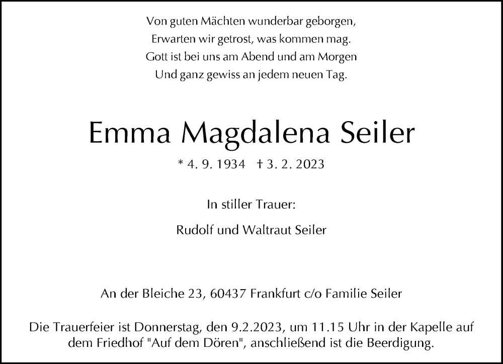  Traueranzeige für Emma Magdalena Seiler vom 07.02.2023 aus Neue Westfälische