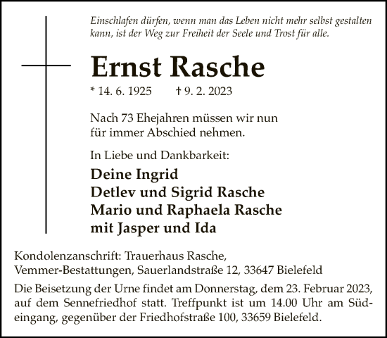 Traueranzeige von Ernst Rasche von Neue Westfälische