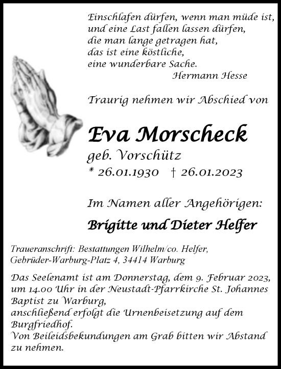 Traueranzeige von Eva Morscheck von Neue Westfälische