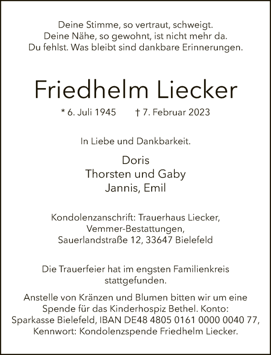 Traueranzeige von Friedhelm Liecker von Neue Westfälische