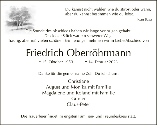 Traueranzeige von Friedrich Oberröhrmann von Neue Westfälische